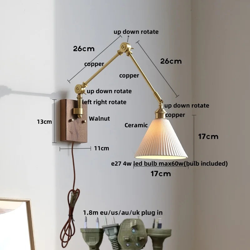 Wood LED Wall Light with Pull Chain Switch & Rotatable Amber Glass