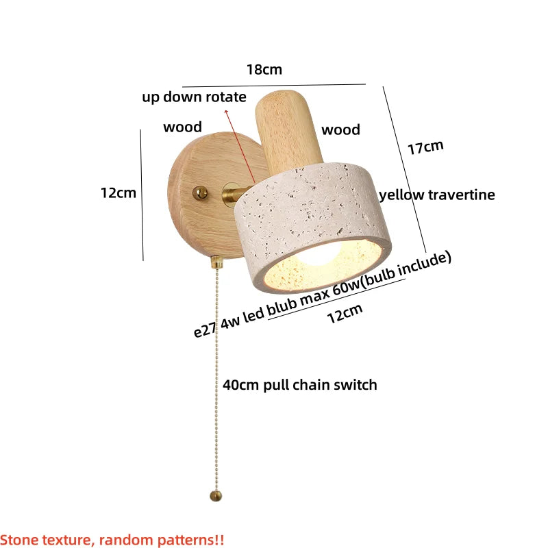 Yellow Travertine LED Wall Lights with Pull Chain Switch, Modern Rotate Bedside Lamp