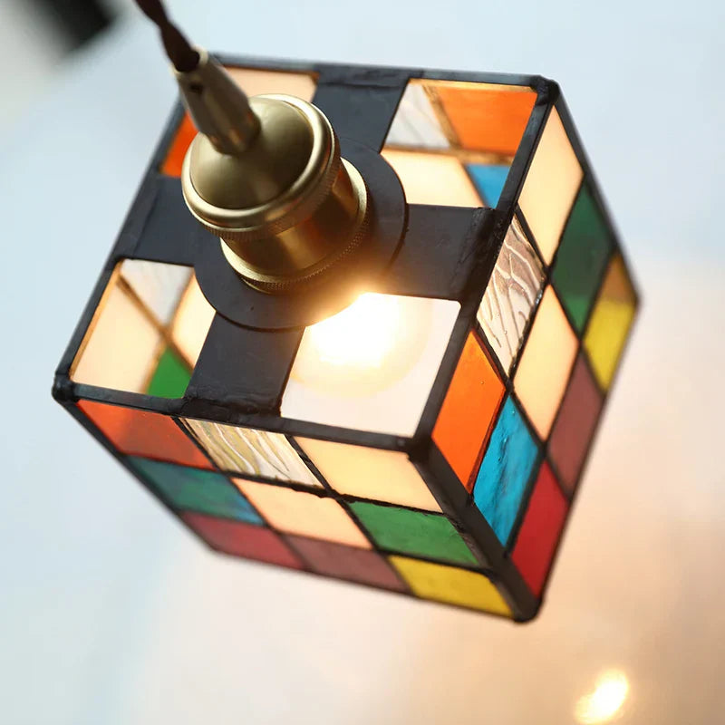 Colorful LED Glass Pendant Light Fixture, Modern Nordic Cube Hang Lamp