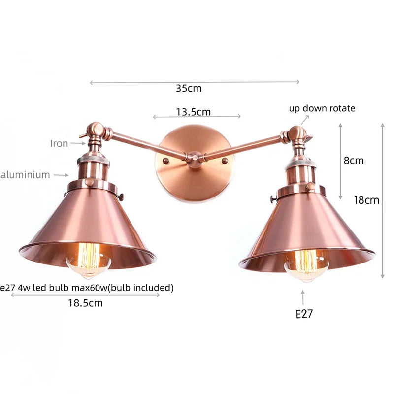 Afralia™ Industrial Vintage LED Wall Light Iron Gold 2 Heads Simple Lamparas De Pared.