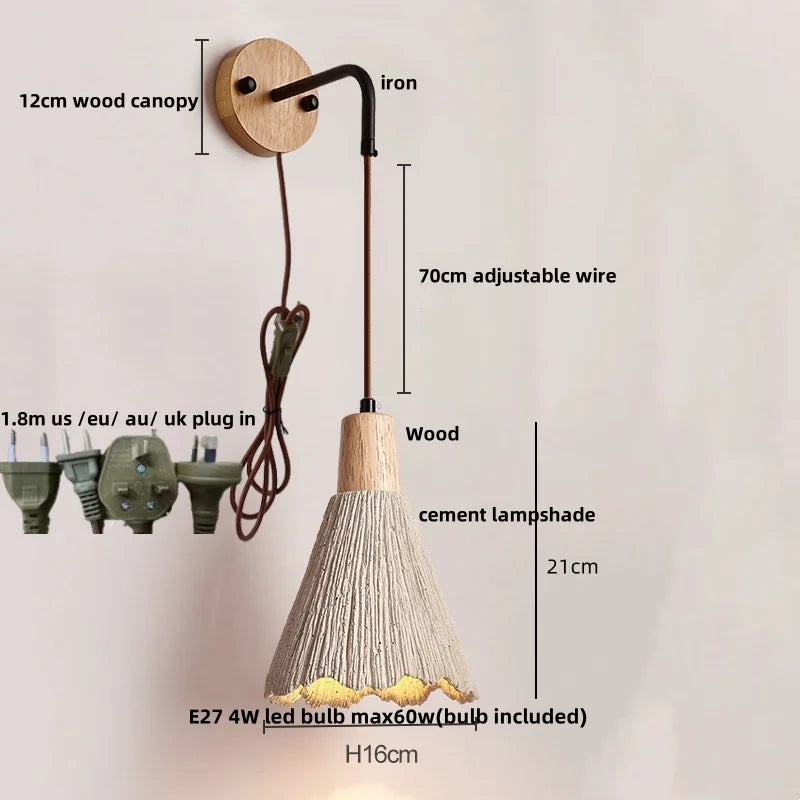 Afralia™ Nordic LED Wall Sconce Wood Cement Interior Home Decor Plug-In Bedside Light