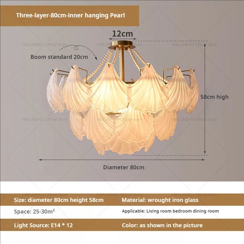 Pearl Crystal Chandelier for Dining Living Bedroom, Elegant French Shell Glass Light