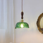 Green Glass LED Pendant Lamp with Knob Switch, Copper Chandelier