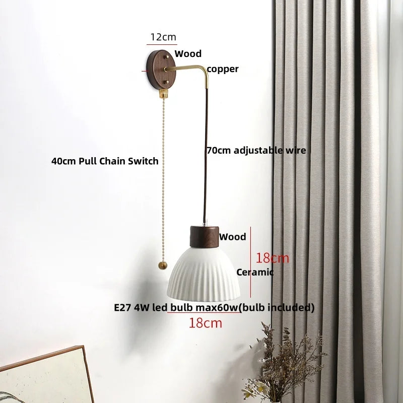 Ceramic Wood Wall Sconce LED Light with Pull Chain Switch - Modern Nordic Style