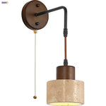 Wood Canopy LED Wall Sconce Yellow Travertine Stone Pull Chain Switch