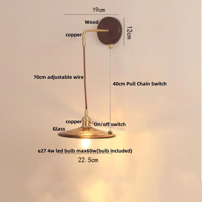 Walnut Wood LED Wall Light Glass Pull Chain Switch Nordic Modern Bedroom Lamp