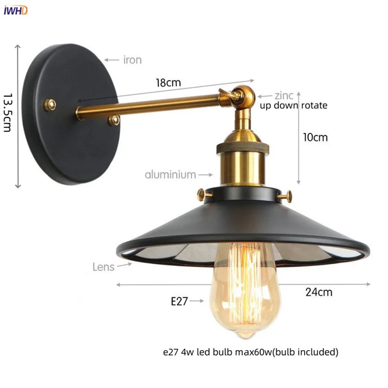 Gold Industrial LED Wall Lamp for Loft Stair & Bedroom Lighting