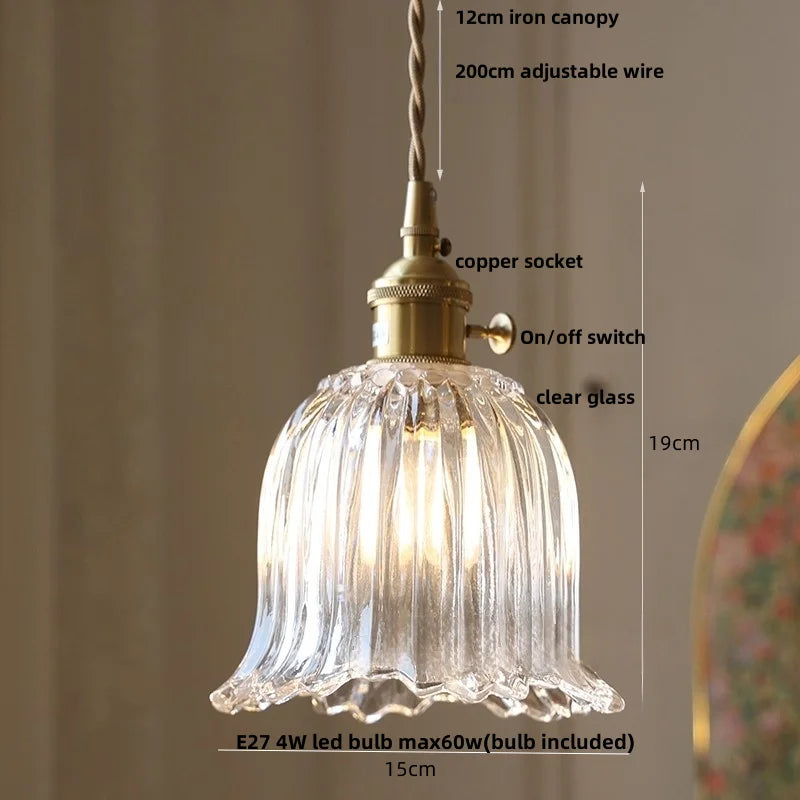 Walnut Wood LED Pendant Light Fixture with Glass Lampshade and Knob Switch