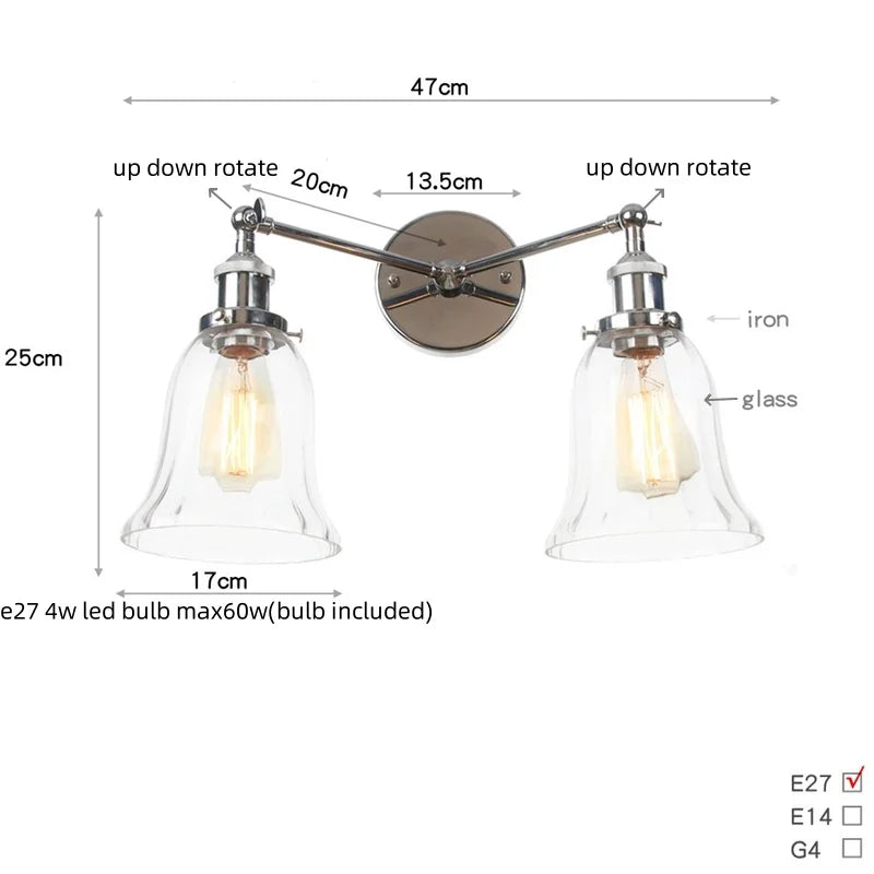2 Head LED Wall Lamps Iron Glass Bedroom Stair Light Fixtures