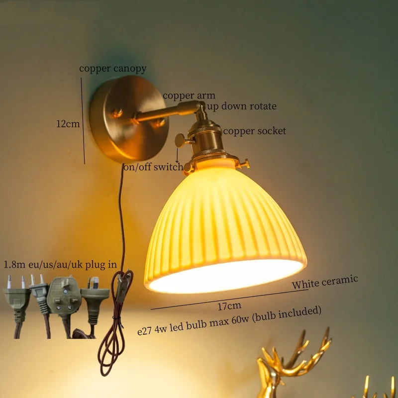 Afralia™ Brass Ceramic LED Wall Light | Nordic Modern Bedside Lamp for Bedroom, Bathroom, and Sofa