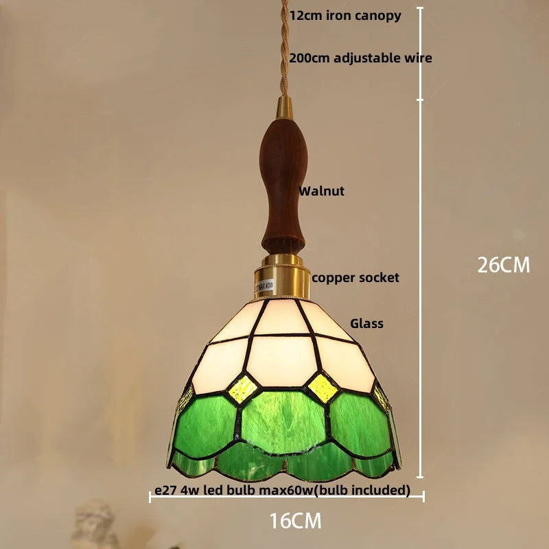 White Glass LED Pendant Light Fixture Walnut Wood Hang Lamp
