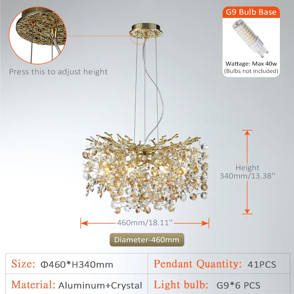 Sun Crystal Gold Lustre Chandelier: Nordic Villa Restaurant LED Ceiling Lamps