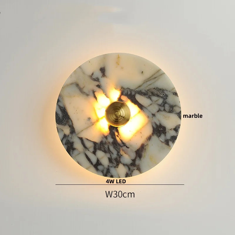 Round Black Iron LED Wall Lamp Bulgari Marble White Glass Stair Light