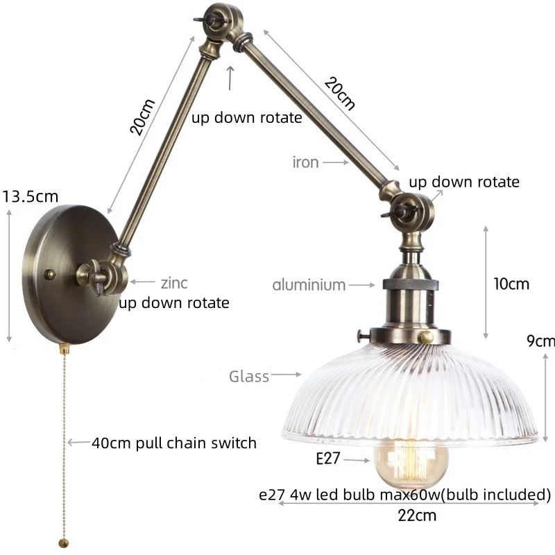 Vintage Industrial LED Wall Light with Clear Glass Shade & Adjustable Long Arm