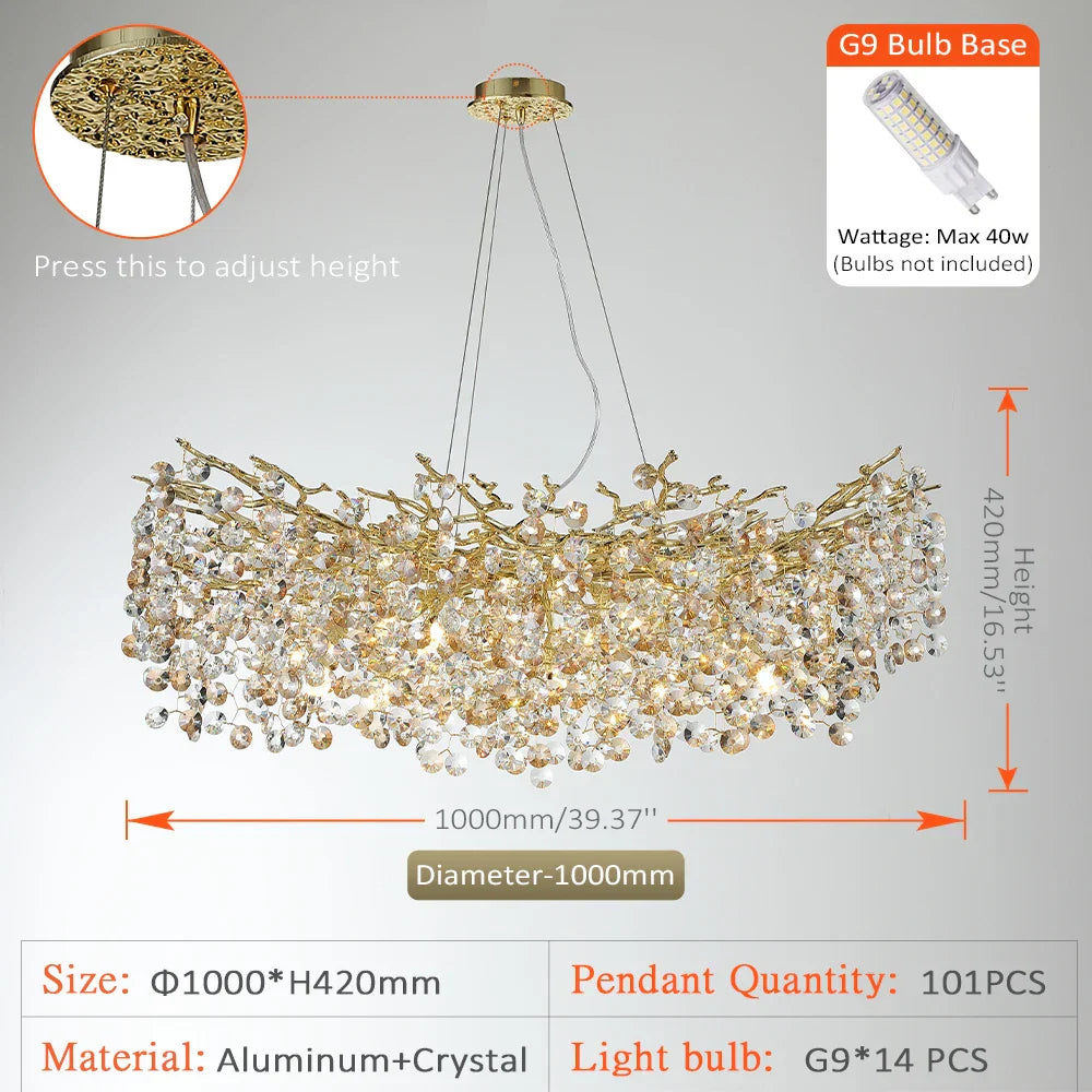 Sun Crystal Gold Lustre Chandelier: Nordic Villa Restaurant LED Ceiling Lamps