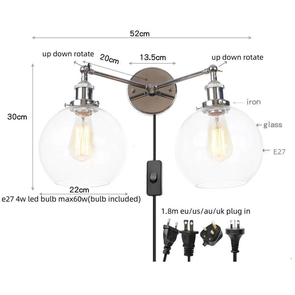 2 Head LED Wall Lamps Iron Glass Bedroom Stair Light Fixtures
