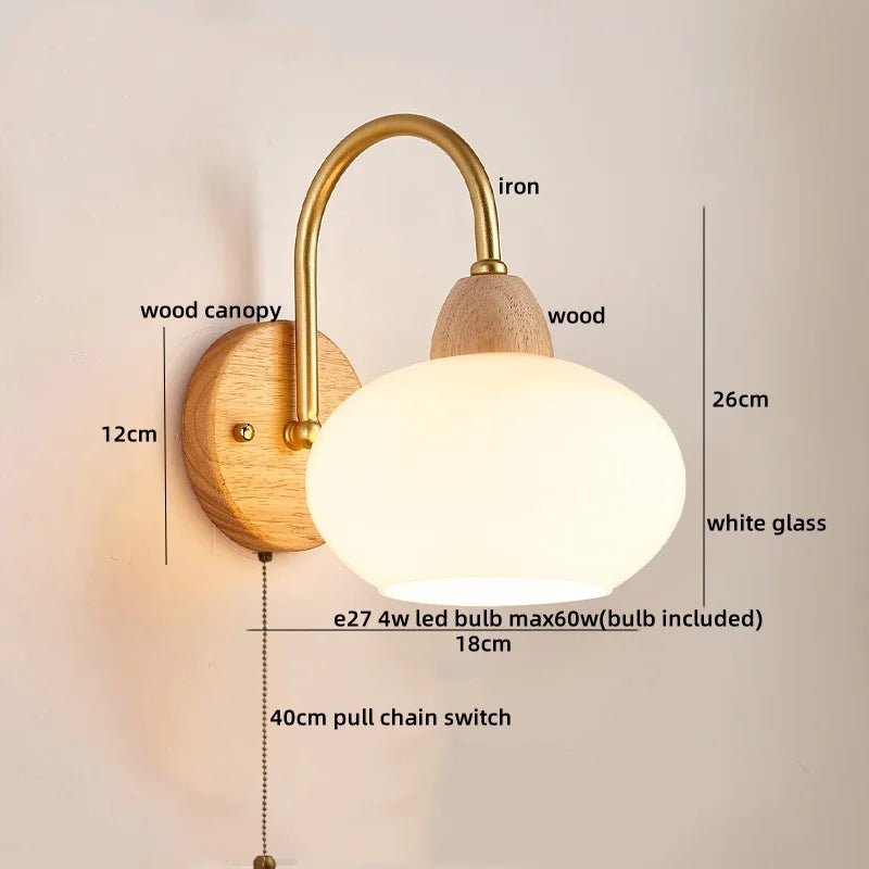 LED Glass Iron Wood Wall Light Fixture Modern Nordic Bedside Lamp
