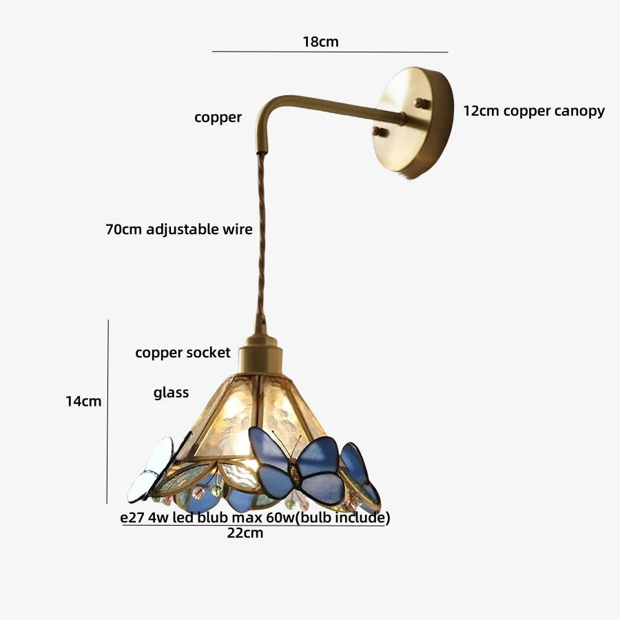 LED Butterfly Glass Wall Lamp Sconce with Pull Chain Switch
