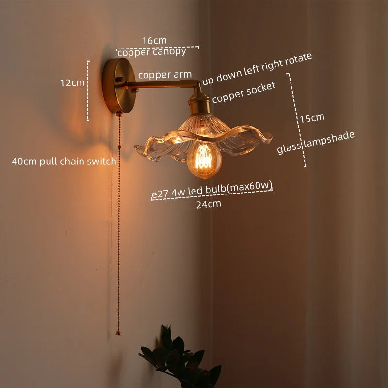LED Glass Copper Wall Sconce Pull Chain Switch Lamp for Bedroom Living Room