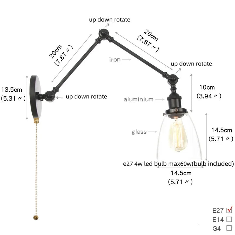 Afralia™ Vintage Industrial LED Wall Lamp with Pull Chain Switch & Clear Glass