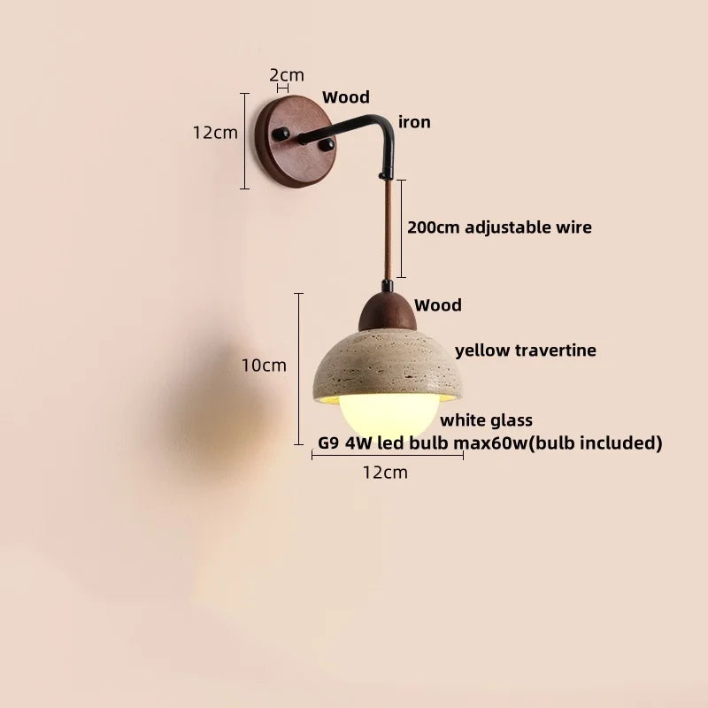 Yellow Travertine Stone Wood Wall Sconce LED Light Fixture, Modern Nordic Design