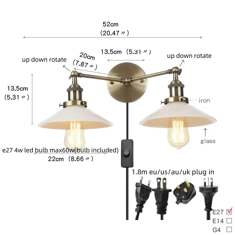 Industrial Vintage Loft 2-Light Plug In LED Wall Lamp