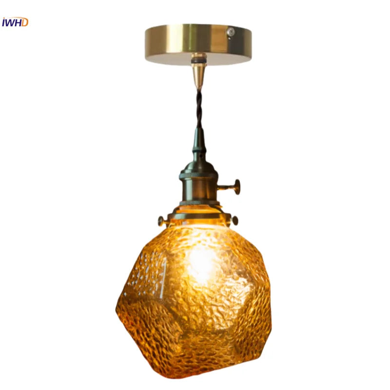 Afralia™ Stone Glass LED Pendant Light Japanese Vintage Copper Hanging Lamps