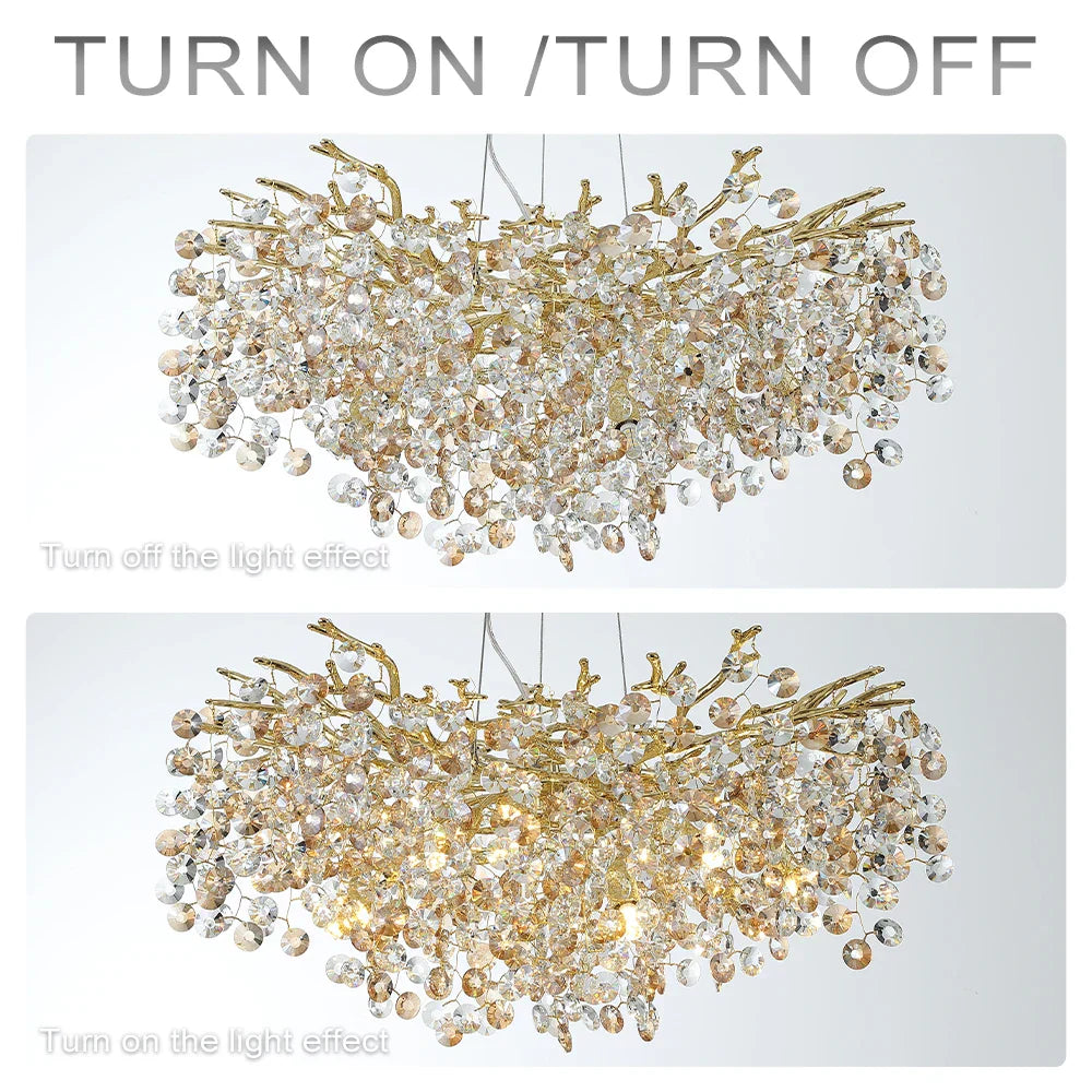 Sun Crystal Gold Lustre Chandelier: Nordic Villa Restaurant LED Ceiling Lamps