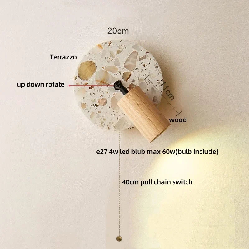 Terrazzo Stone Glass LED Wall Light Fixture with Pull Chain Switch