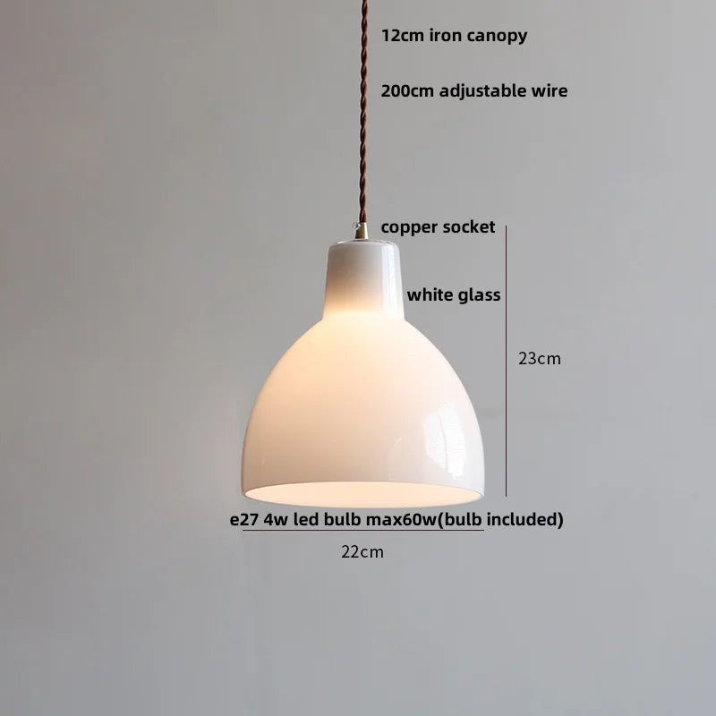White Glass LED Pendant Lamp Copper Adjustable Hanging Light