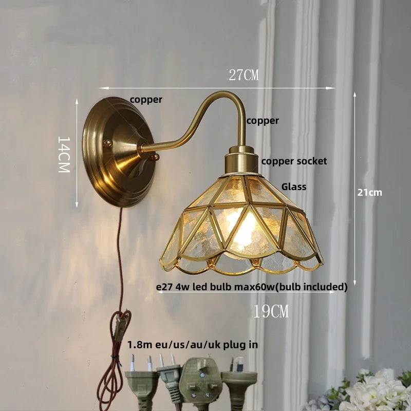 Afralia™ Blue Glass Copper LED Wall Light Fixture Stair Bar Restaurant Bedroom E27