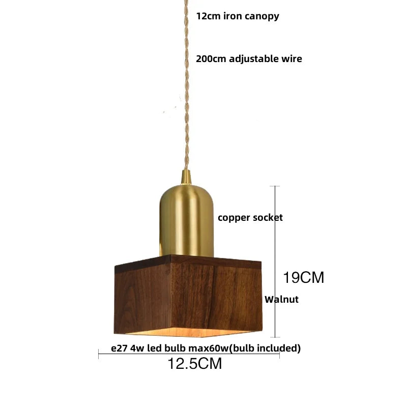 Walnut Wood LED Pendant Light in Copper Japan Style Hanging Lamp