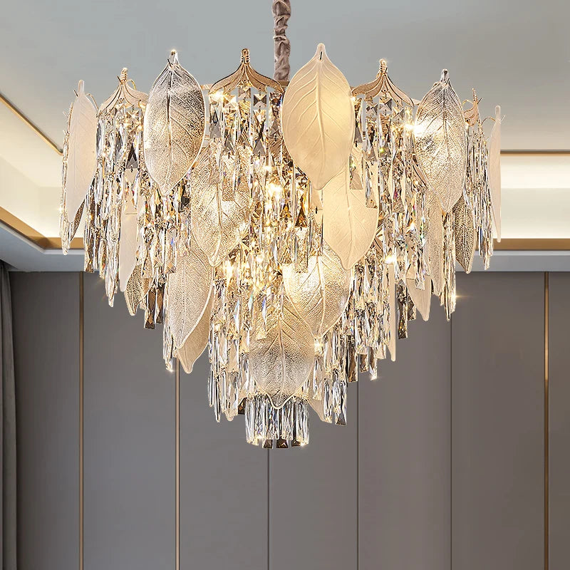 Crystal Leaves Chandelier: Elegant Postmodern Lighting for Living Room, Dining Room, Bedroom