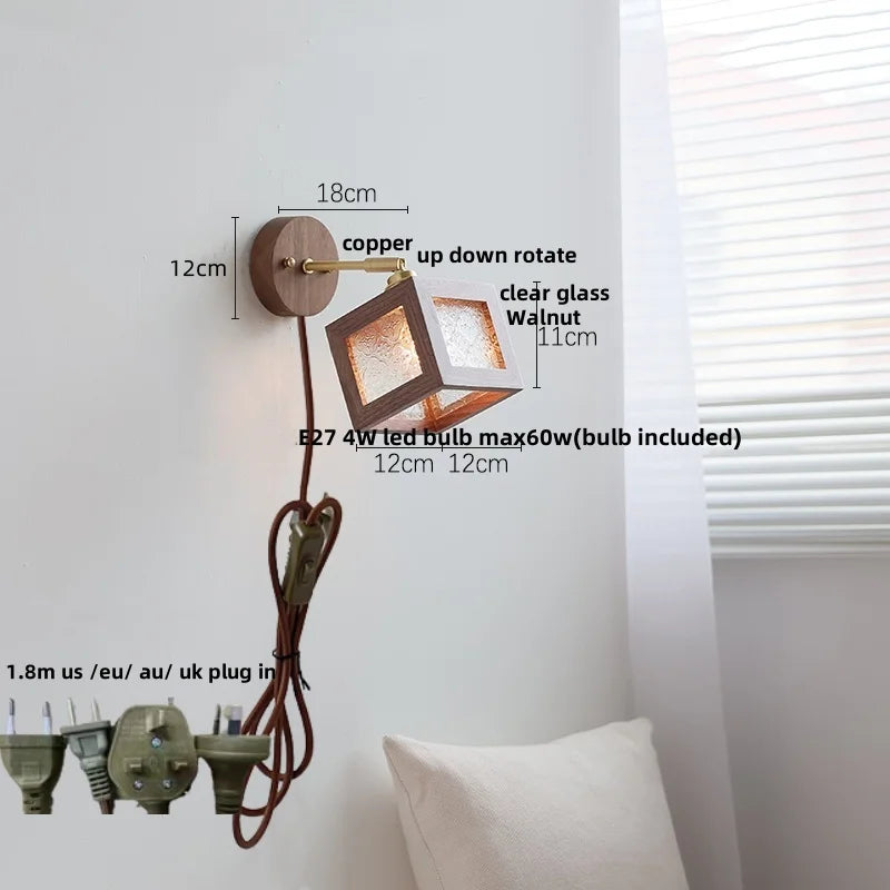 Walnut Wood LED Wall Light with Pull Chain Switch & Clear Glass Sconce
