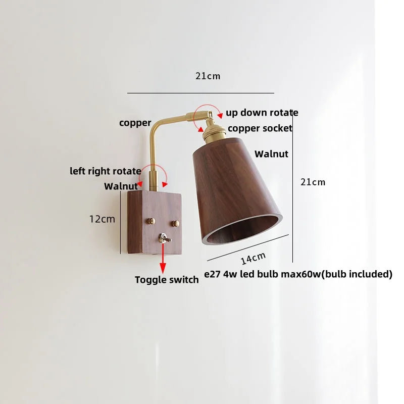 Walnut Wood LED Wall Sconce, Copper Toggle Switch, Vintage Loft Style
