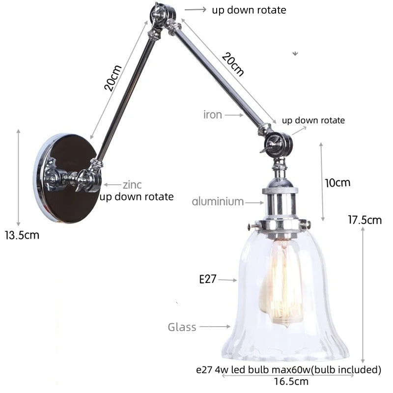 Vintage Loft LED Wall Lights Pull Chain Switch Glass Chrome Wall Lamp