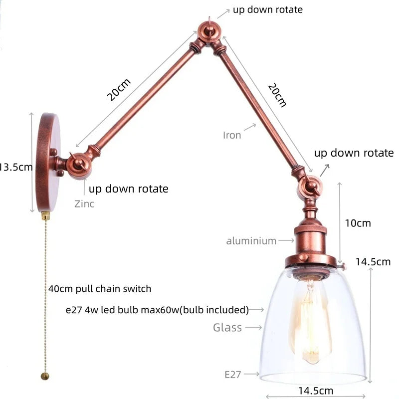 Adjustable Glass Swing Arm LED Wall Sconce with Pull Chain Switch