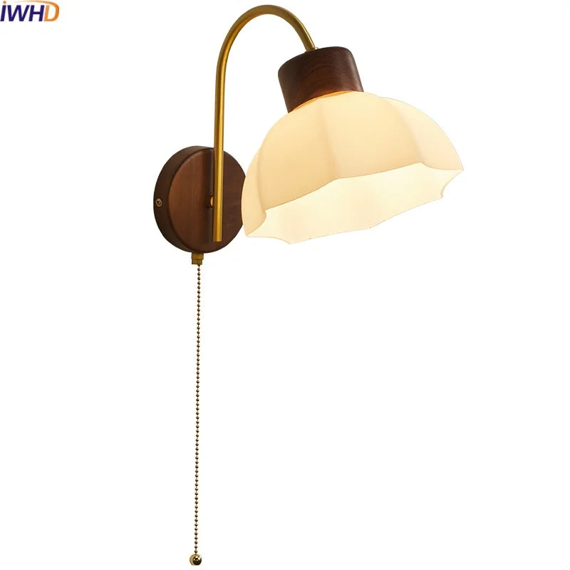 LED Wall Sconce Pull Chain Switch Modern Stair Lights Glass Wood