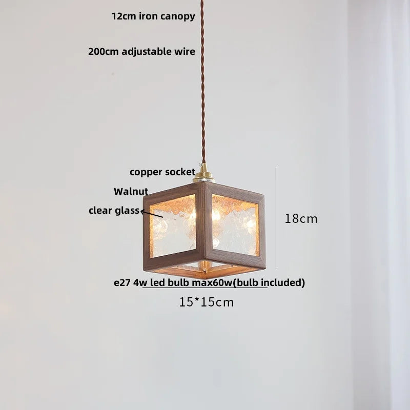 Glass LED Pendant Lamp Walnut Wood Brass Hanging Lights