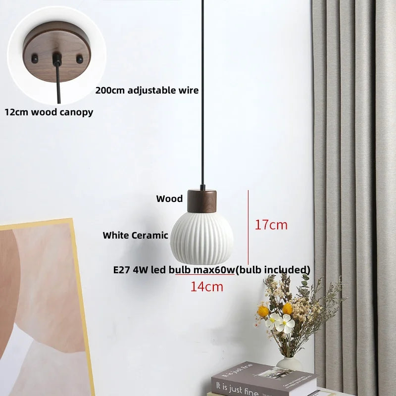 Wood LED Pendant Lamp White Ceramic Ball Hanging Lights