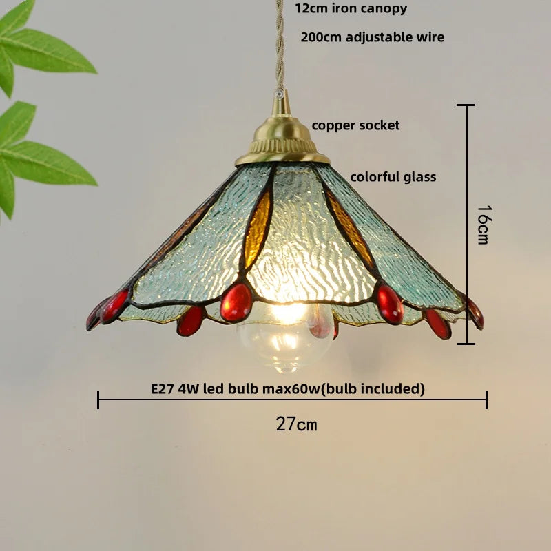 Walnut Wood LED Pendant Tiffany Glass Hanging Lamp - Vintage Dining Room Light