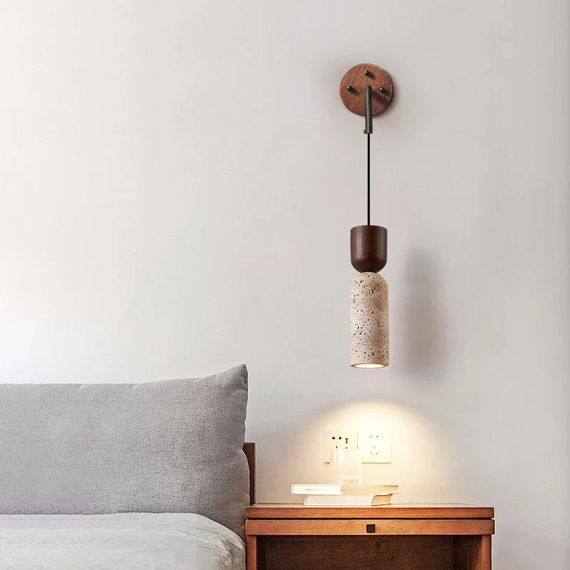 Wood LED Wall Lamp Yellow Travertine Pull Chain Switch Modern Nordic Style