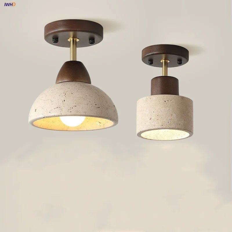 Japan Style LED Ceiling Light Yellow Travertine Stone Wood Base Bedroom Luminaire.