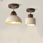 Japan Style LED Ceiling Light Yellow Travertine Stone Wood Base Bedroom Luminaire.