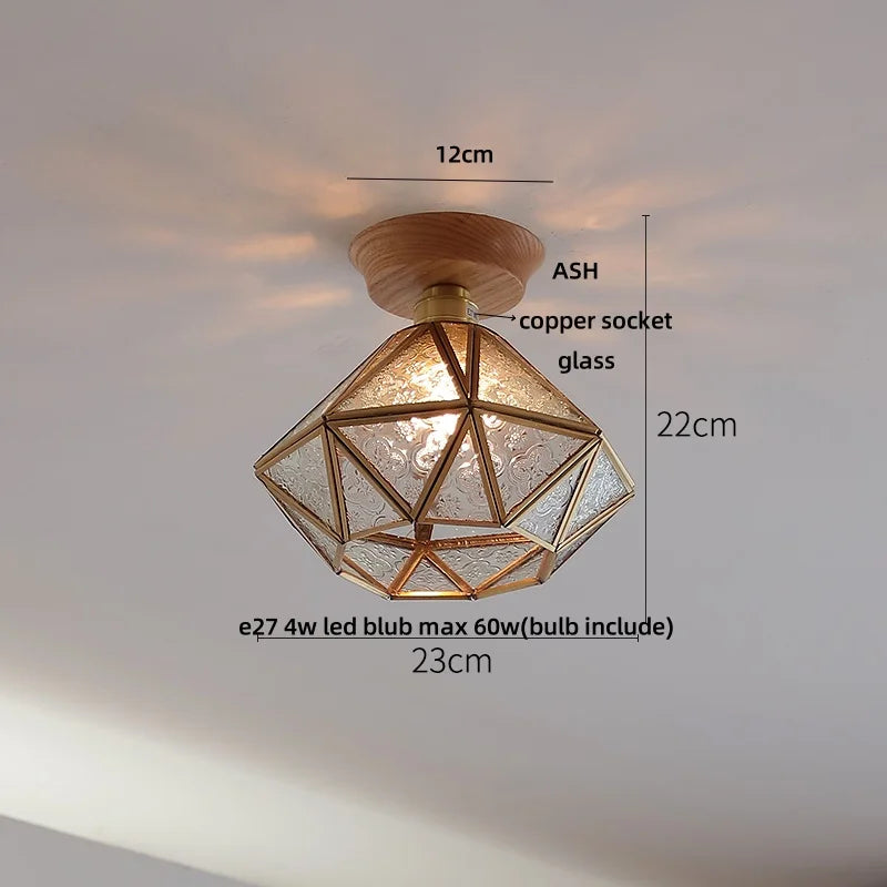 Tiffany Glass Copper Ceiling Lights Wood Ash LED Lamp Japan Style