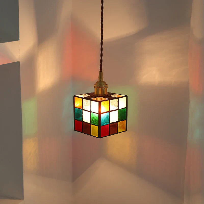 Colorful LED Glass Pendant Light Fixture, Modern Nordic Cube Hang Lamp