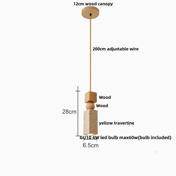 Yellow Travertine LED Pendant Lamp with Natural Wood Accent