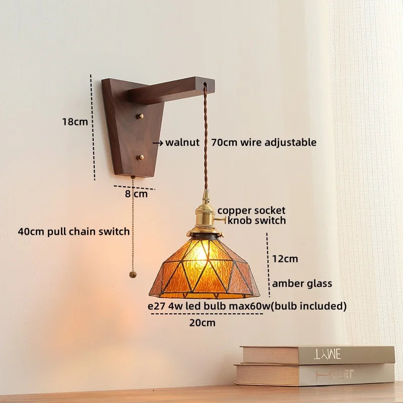 Walnut Glass LED Wall Light Fixture | Modern Bedroom Bathroom Living Room Lamp