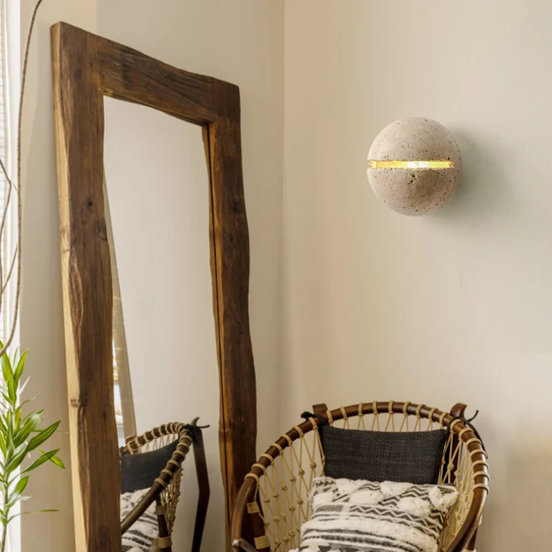 Yellow Travertine LED Wall Sconce for Bedroom Staircase Living Room - Nordic Modern Commercial-grade Mirror Light