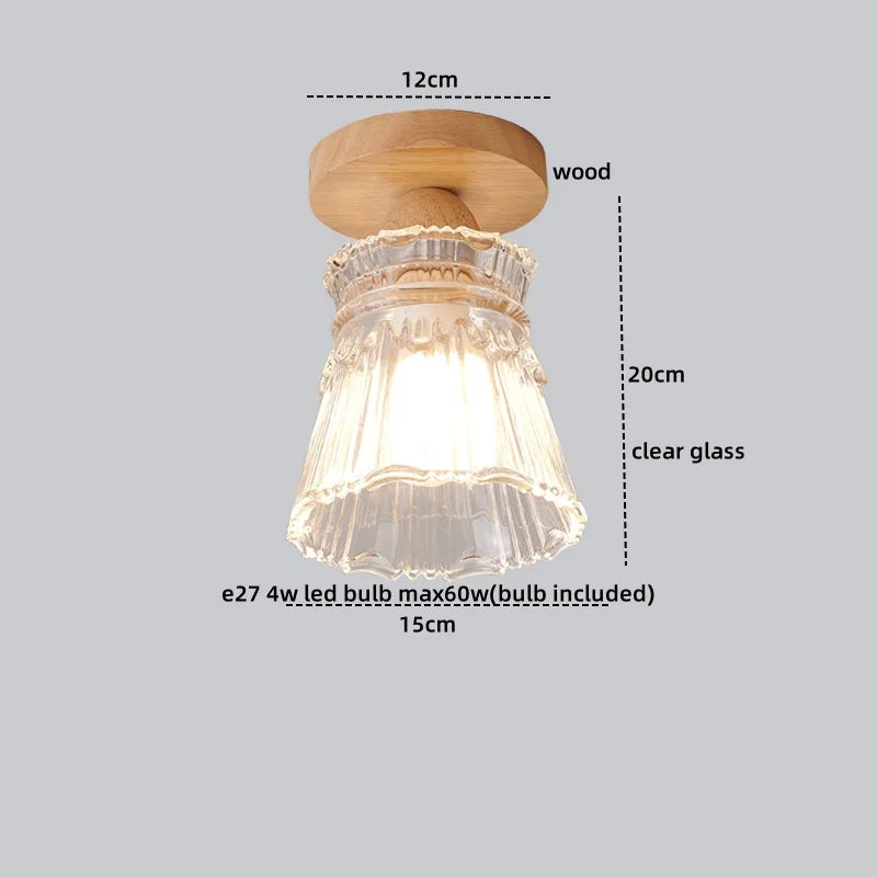 Nordic Wood Glass LED Ceiling Light Modern Indoor Lighting Balcony Corridor Restaurant